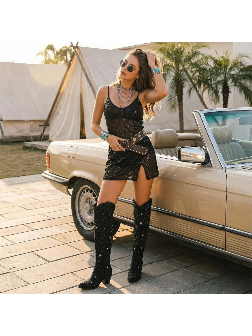 Women's Black Over Knee Pointed Toe Sparkly Chunky Heel Thigh High Boots